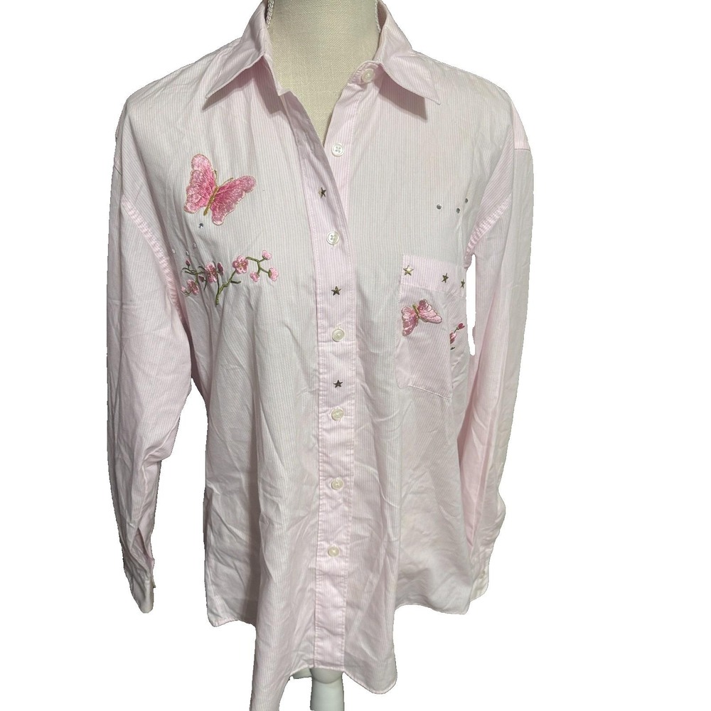 Las Olas Pink Striped Butterfly Embroidered Button Down Shirt Star Studs M